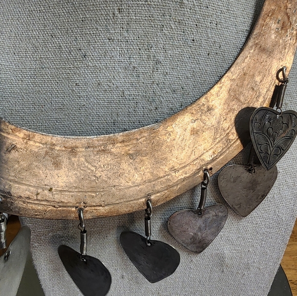 Vintage Artisan Tribal Hand Etched Silver Plated Brass Collar Bib Necklace - Picture 6 of 7